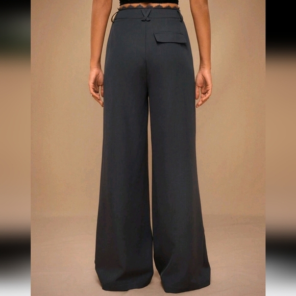 Women's Solid Color High Waist Lace Splice Pleated Wide Leg Elegant Pants - Picture 2 of 5